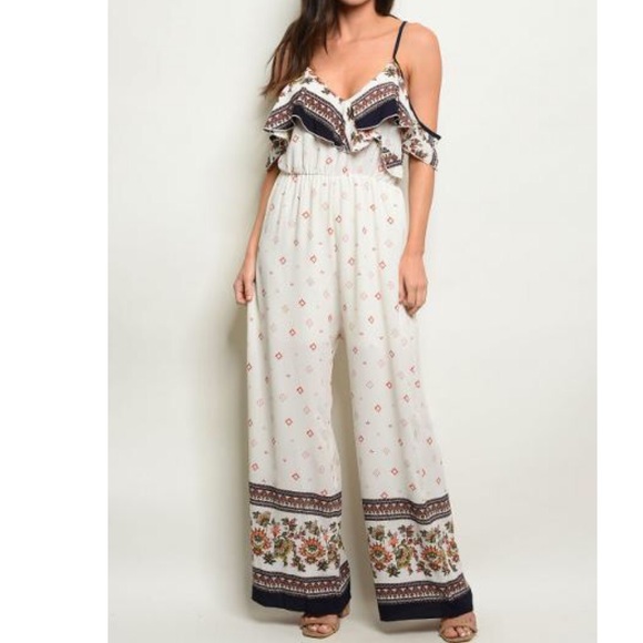 Floral Aztec Mixed Print Cold Shoulder Jumpsuit - Picture 2 of 3